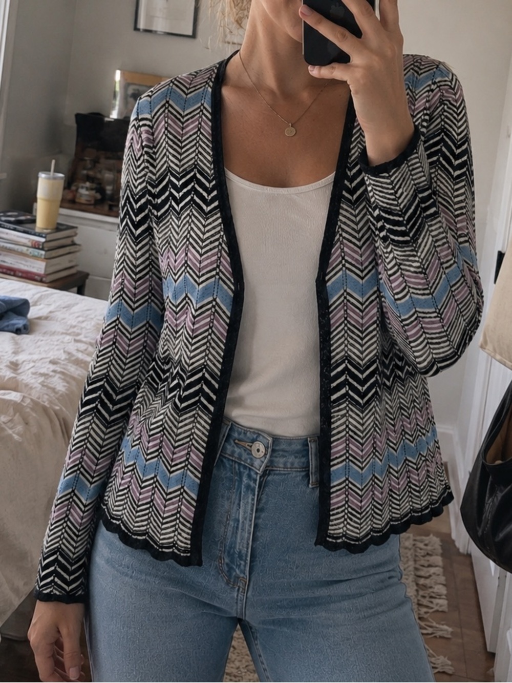 Pendleton Cardigan S Silk Cotton Chevron Knit Gray Blue Lightweight‎ Sweater